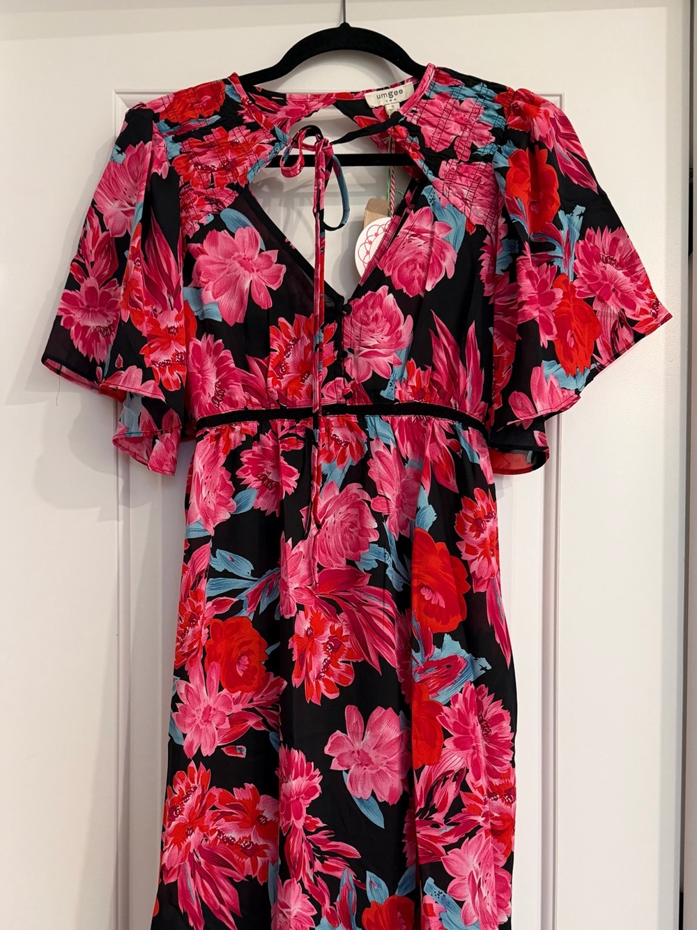 Umgee Black Floral Tie-Front Midi Dress with Pink & Teal Blooms